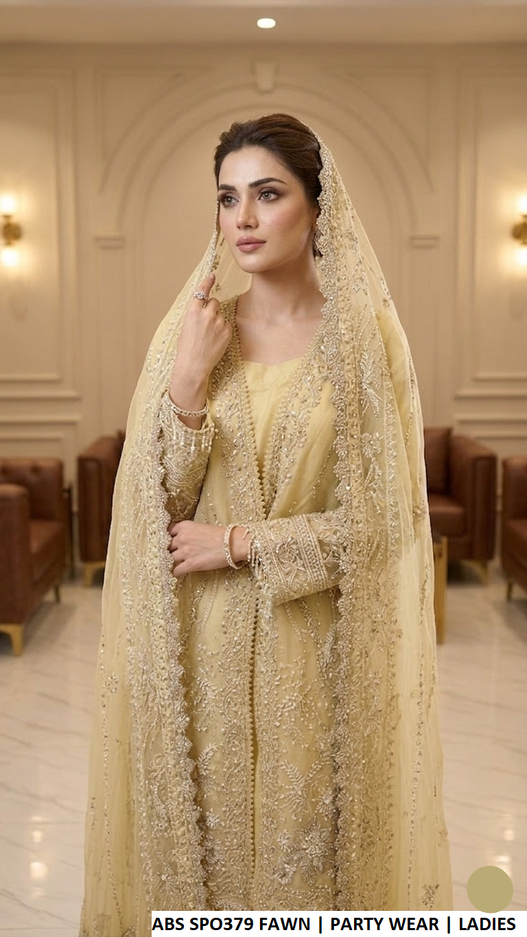 ABS SPO379 FAWN - Fawn Organza Open Shirt 3-Piece Women's Pakistani Suit