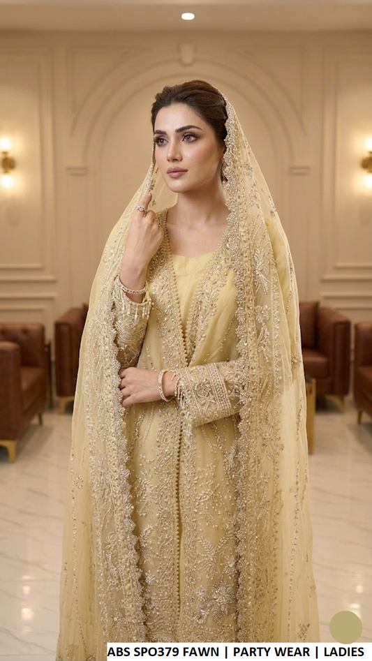 ABS SPO379 FAWN - Fawn Organza Open Shirt 3-Piece Women's Pakistani Suit