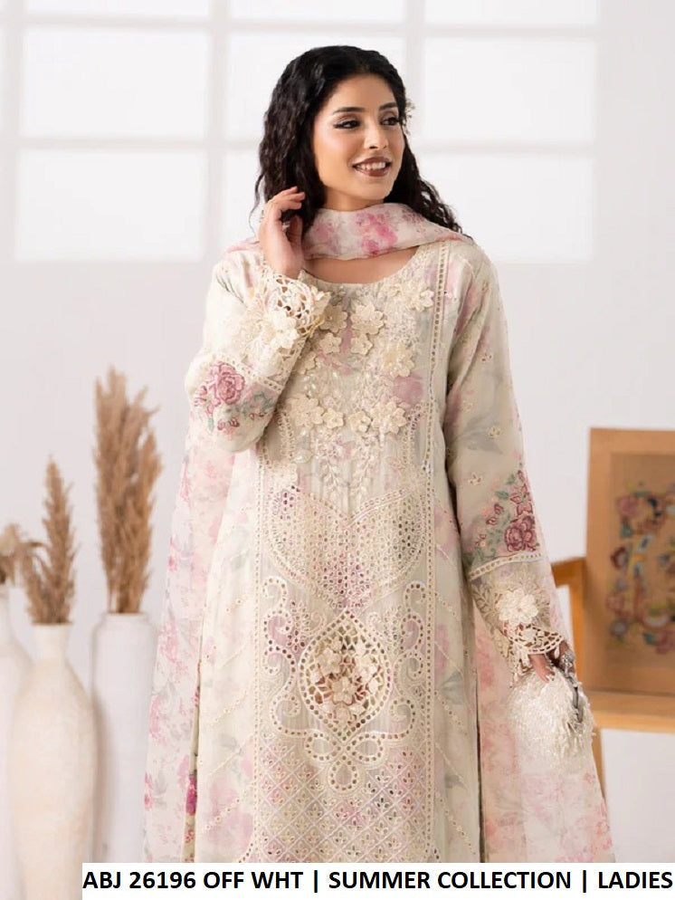 ABJ 26196 OFF WHT - Off White Chiffon Straight 3-Piece Women's Pakistani Suit