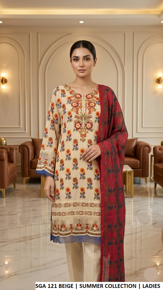 SGA 121 BEIGE - Beige Lawn 3-Piece Women's Plazo Suit for Casual Wear