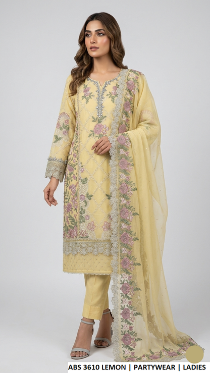 ABS 3610 LEMON - Lemon Chiffon Straight 3-Piece Women's Pakistani Suit