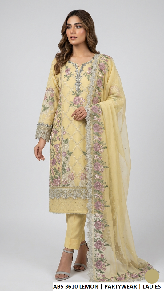ABS 3610 LEMON - Lemon Chiffon Straight 3-Piece Women's Pakistani Suit