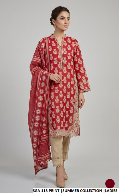 Lawn A-Line printed shirt - Pakistani women's casual summer outfit with cotton trouser and lawn dupatta front view