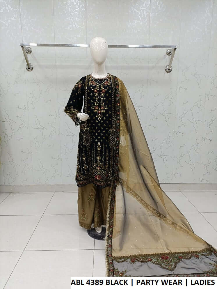 Chiffon shirt plazo ABL 4389 BLACK - Pakistani women's elegant party wear with viscose plazo and organza dupatta front view