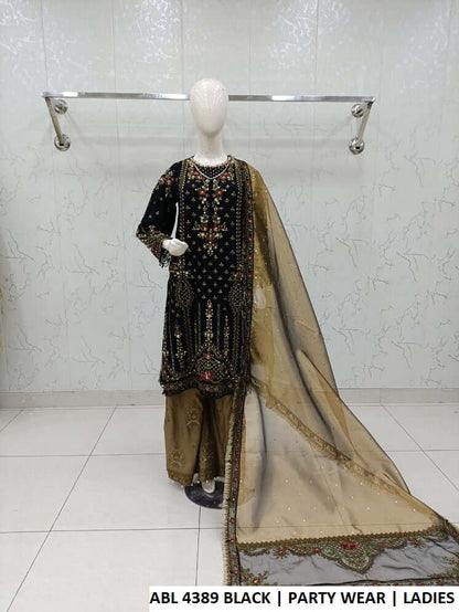 Chiffon shirt plazo ABL 4389 BLACK - Pakistani women's elegant party wear with viscose plazo and organza dupatta front view