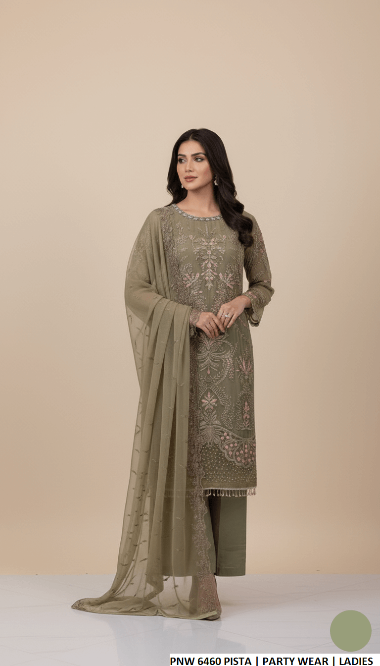 Chiffon straight shirt plazo pista green - Pakistani women's formal party wear with viscose plazo and chiffon dupatta front view