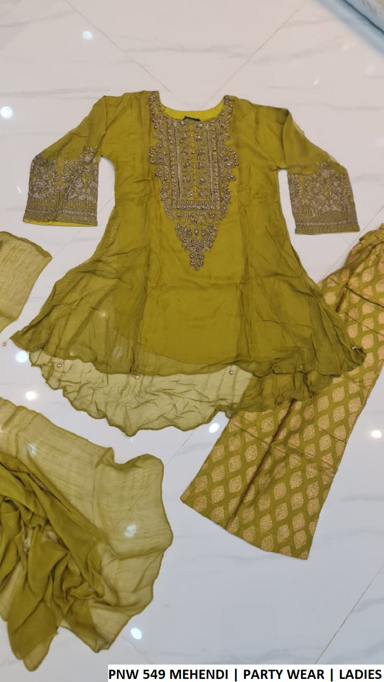 Pakistani women's mehendi green chiffon short frock back view