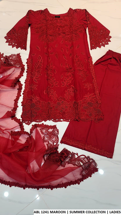 Pakistani women's maroon cotton A-Line shirt plazo outfit back view