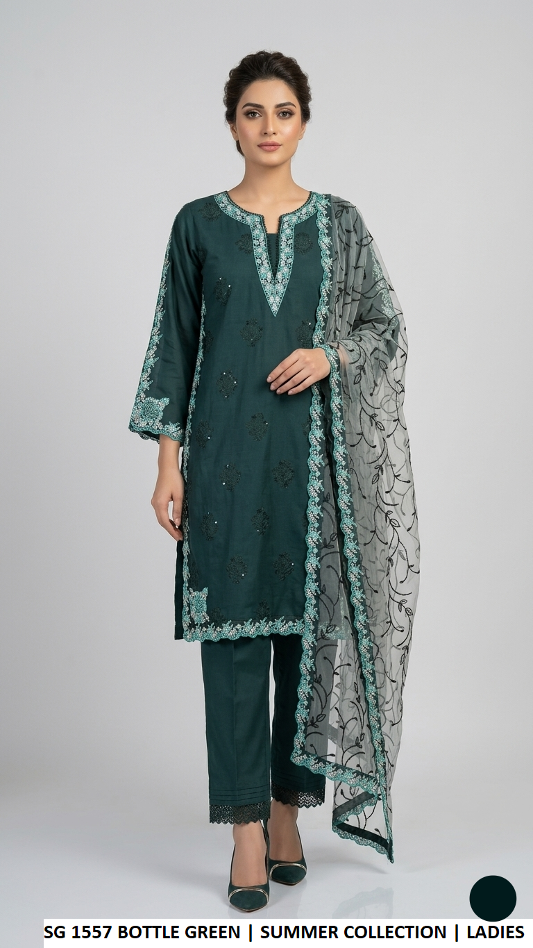 Lawn A-Line shirt SG 1557 BOTTLE GREEN - Pakistani women's casual summer outfit with cotton trouser and soft net dupatta front view