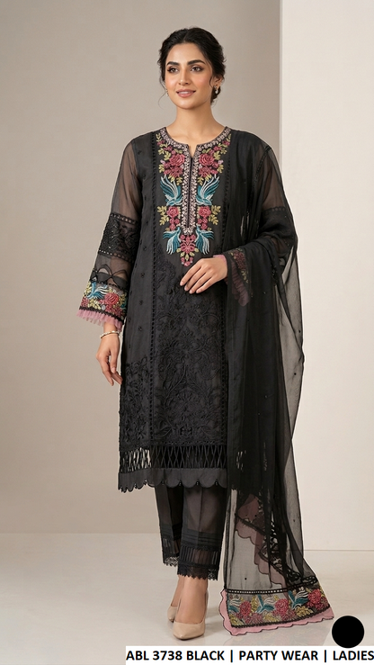 Organza straight shirt black - Pakistani women's elegant outfit with viscose trouser and chiffon dupatta front view