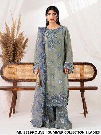 ABJ 26199 OLIVE GREEN - Olive Green Chiffon Straight 3-Piece Women's Pakistani Suit