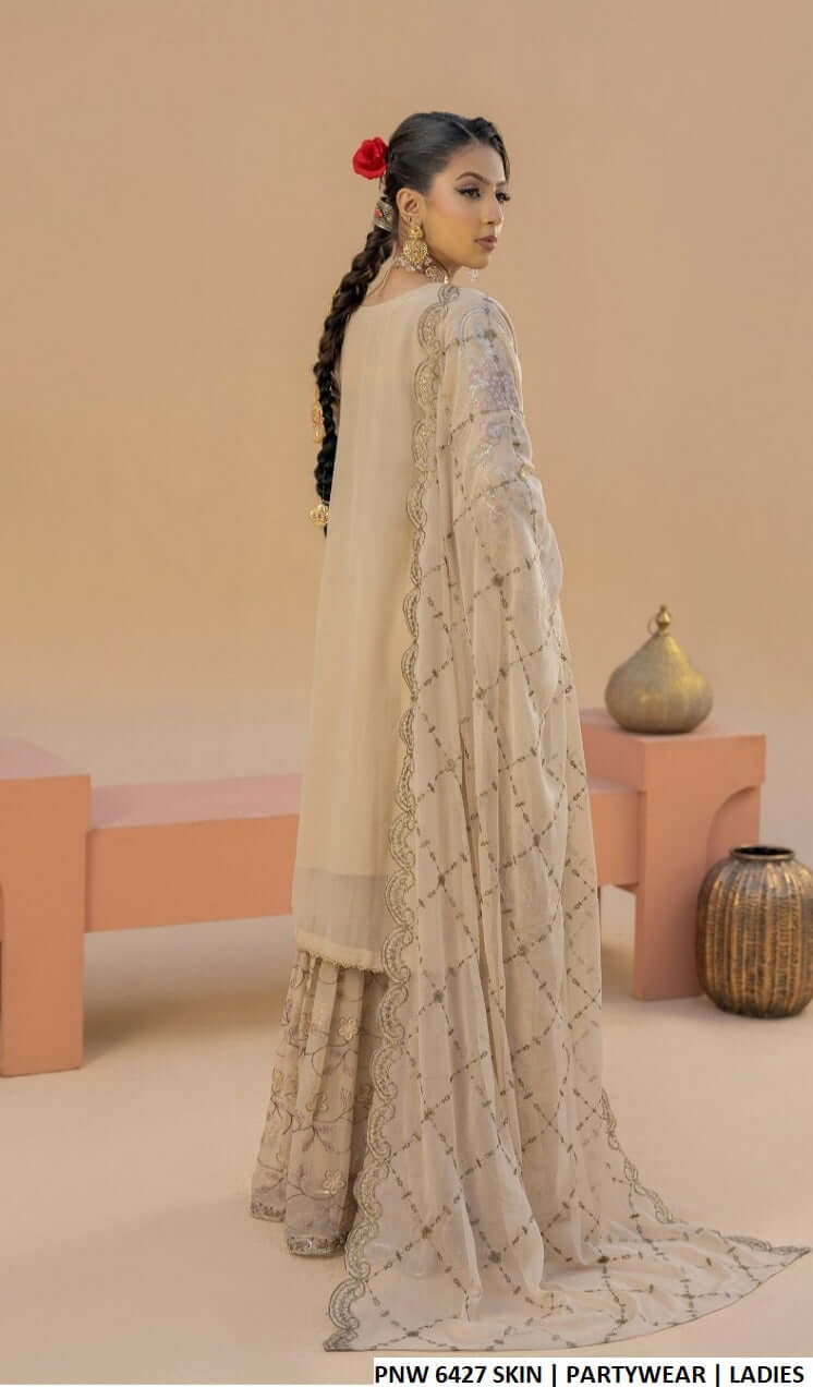 Pakistani women's skin chiffon straight shirt gharara back view