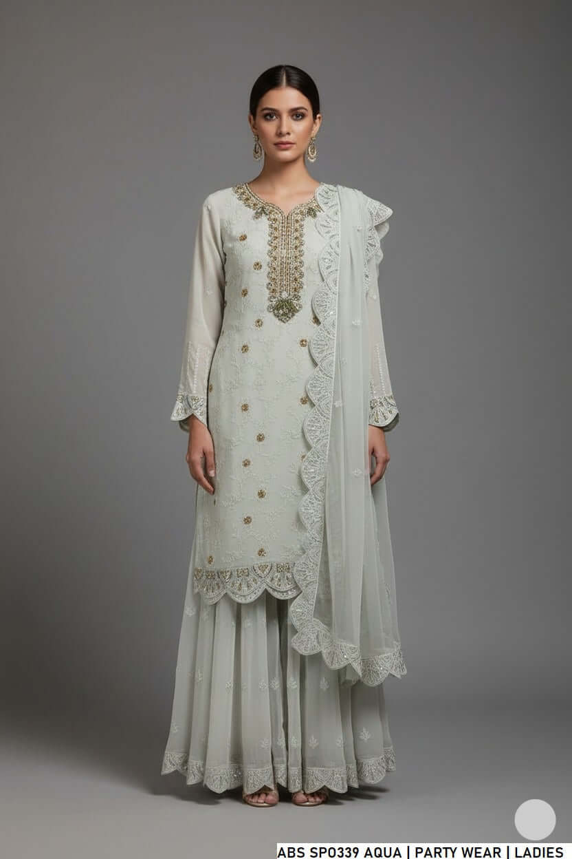 Chiffon shirt sharara aqua - Pakistani women's festive party wear with organza dupatta front view