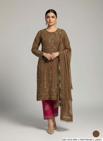 Grip straight shirt plazo brown - Pakistani women's elegant party wear with viscose trouser and chiffon dupatta front view