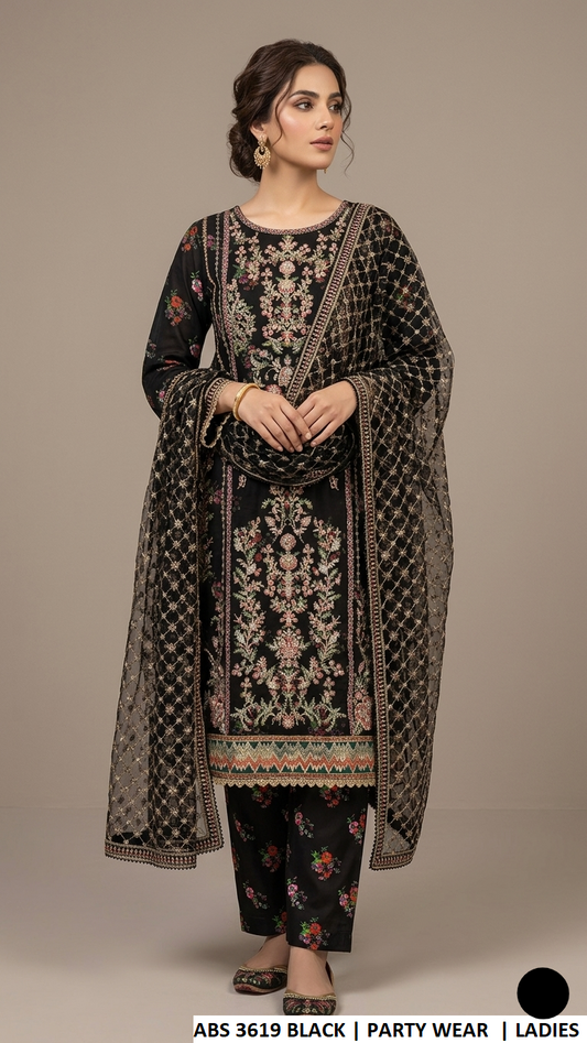 ABS 3619 BLACK - Black Organza Straight 3-Piece Women's Pakistani Suit