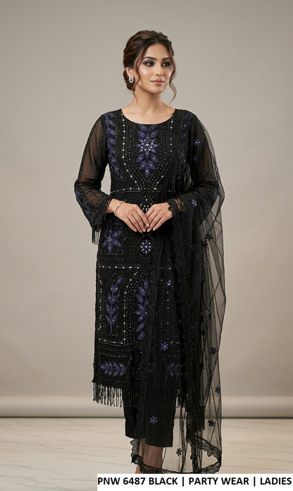 PNW 6487 BLACK - Black Chiffon Straight Plazo 3-Piece Women's Pakistani Suit