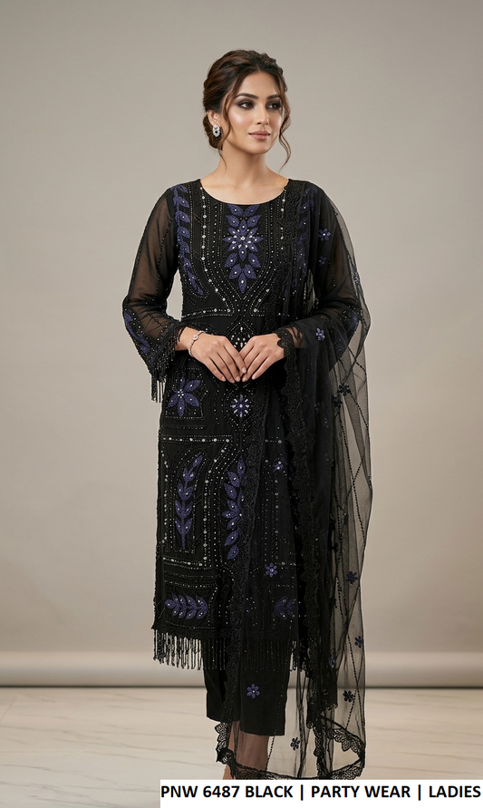 PNW 6487 BLACK - Black Chiffon Straight Plazo 3-Piece Women's Pakistani Suit