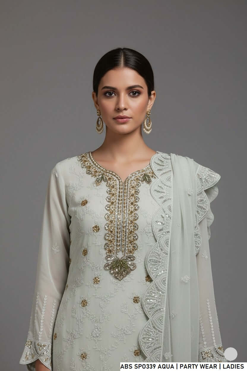 Aqua chiffon Pakistani women's shirt with sharara side view