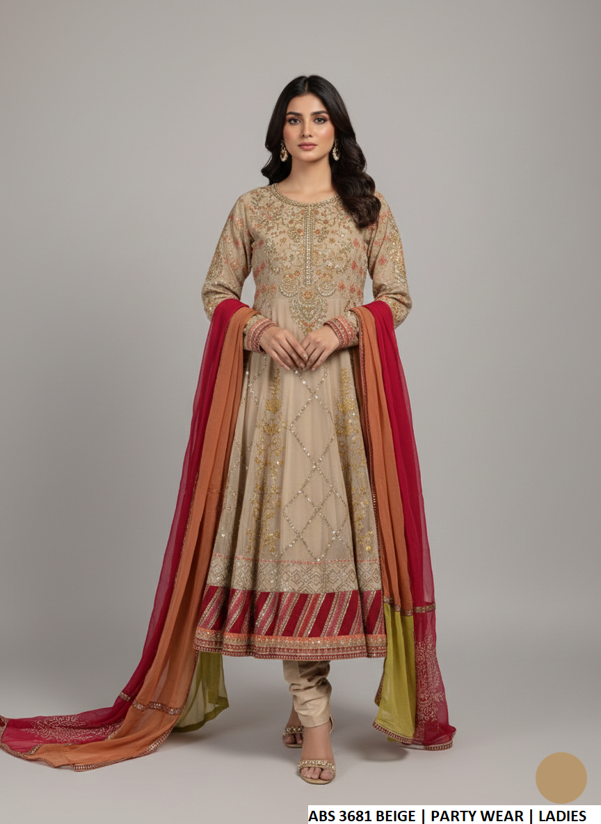 Chiffon long frock beige - Pakistani women's luxury formal wear with grip trouser and chiffon dupatta front view