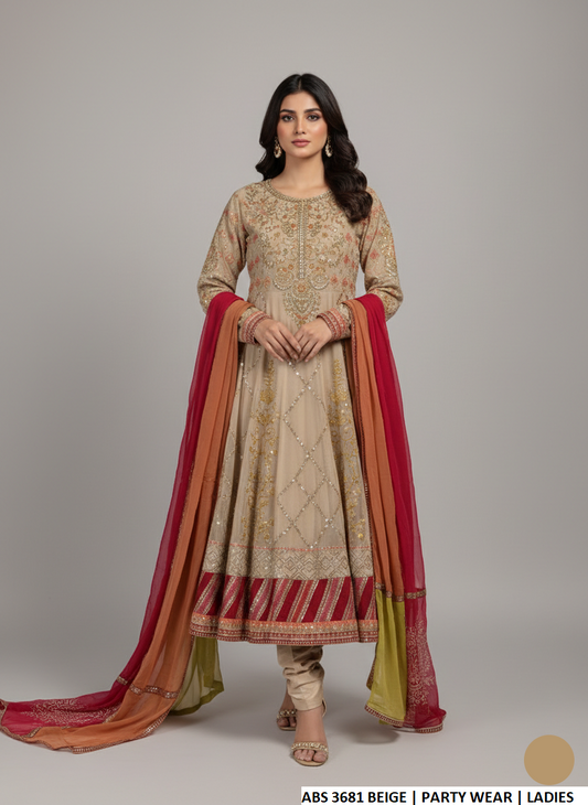 Chiffon long frock beige - Pakistani women's luxury formal wear with grip trouser and chiffon dupatta front view
