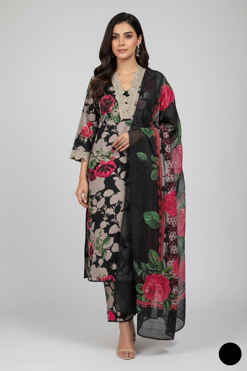 Khaddar straight shirt ABH1 14 - Pakistani women's winter suit with digital printed dupatta front view