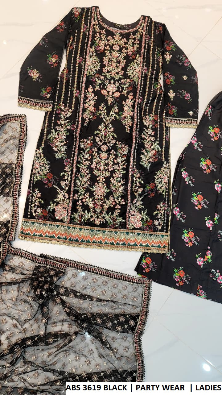 ABS 3619 BLACK - Black Organza Straight 3-Piece Women's Pakistani Suit