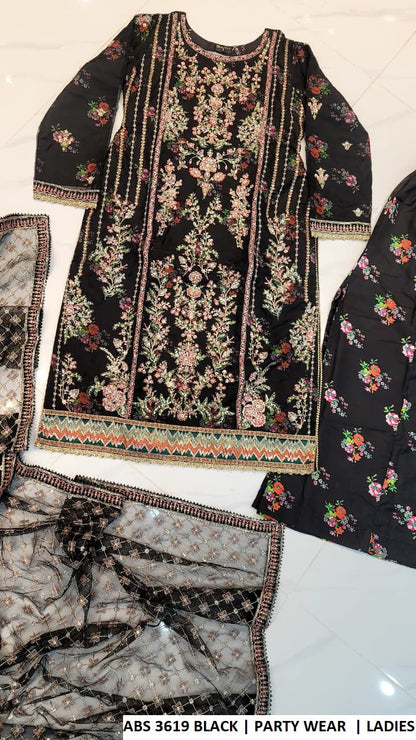 ABS 3619 BLACK - Black Organza Straight 3-Piece Women's Pakistani Suit