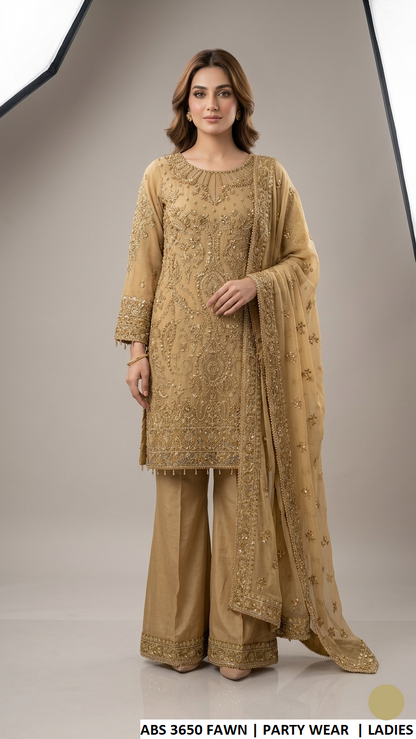 ABS 3650 FAWN - Fawn Chiffon Ungrakha 3-Piece Women's Pakistani Suit