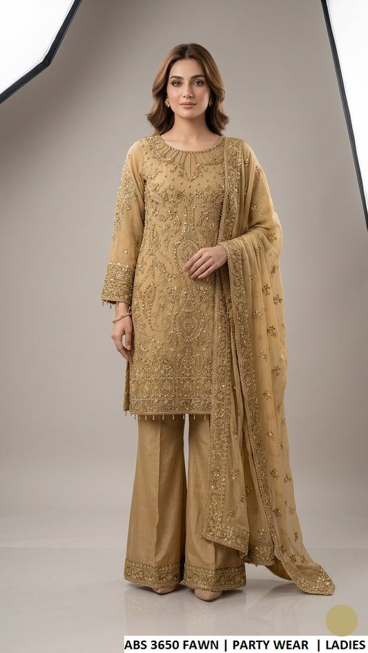 ABS 3650 FAWN - Fawn Chiffon Ungrakha 3-Piece Women's Pakistani Suit