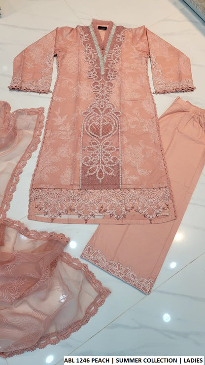 Pakistani women's peach organza straight shirt plazo outfit back view