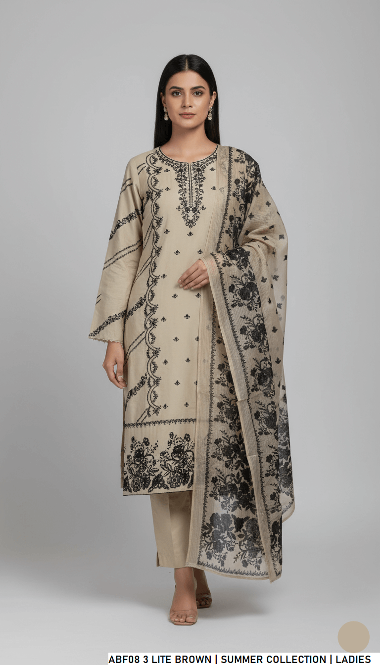 Lawn straight printed shirt light brown - Pakistani women's casual summer outfit with digital print dupatta front view
