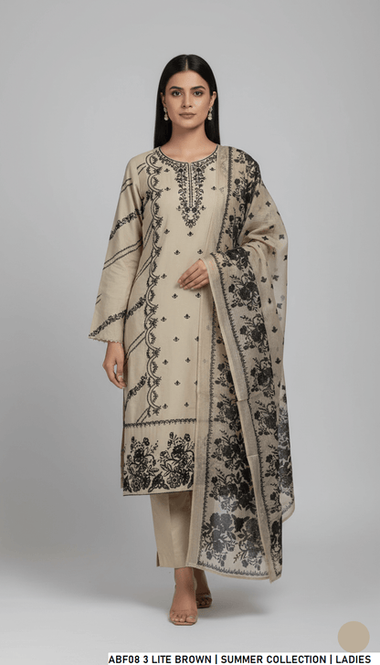 Lawn straight printed shirt light brown - Pakistani women's casual summer outfit with digital print dupatta front view