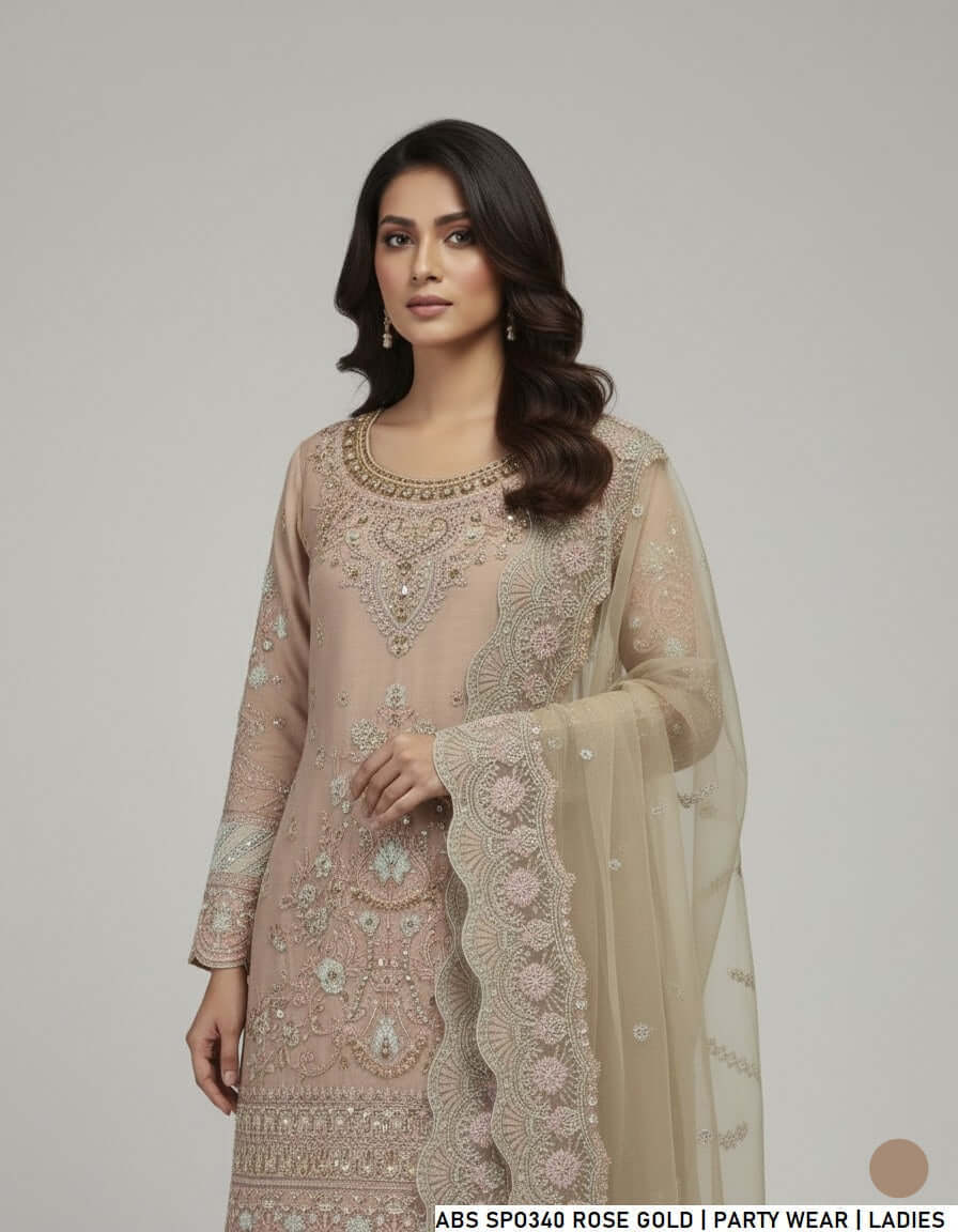 Pakistani women's rose gold masuri short shirt garara back view