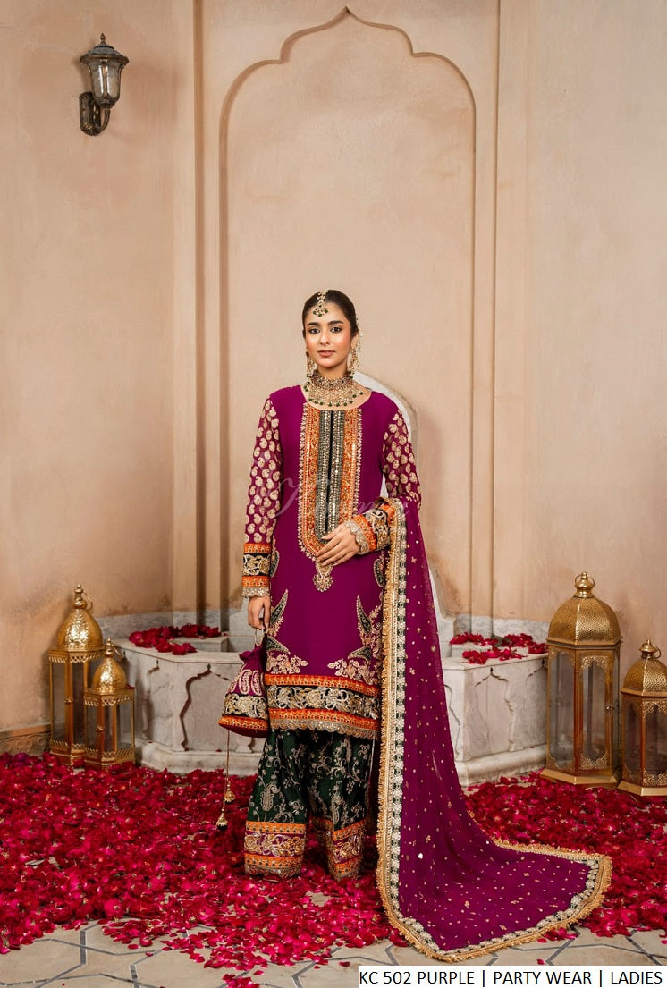 Chiffon short shirt shalwar purple - Pakistani women's elegant festive party wear with chiffon dupatta front view