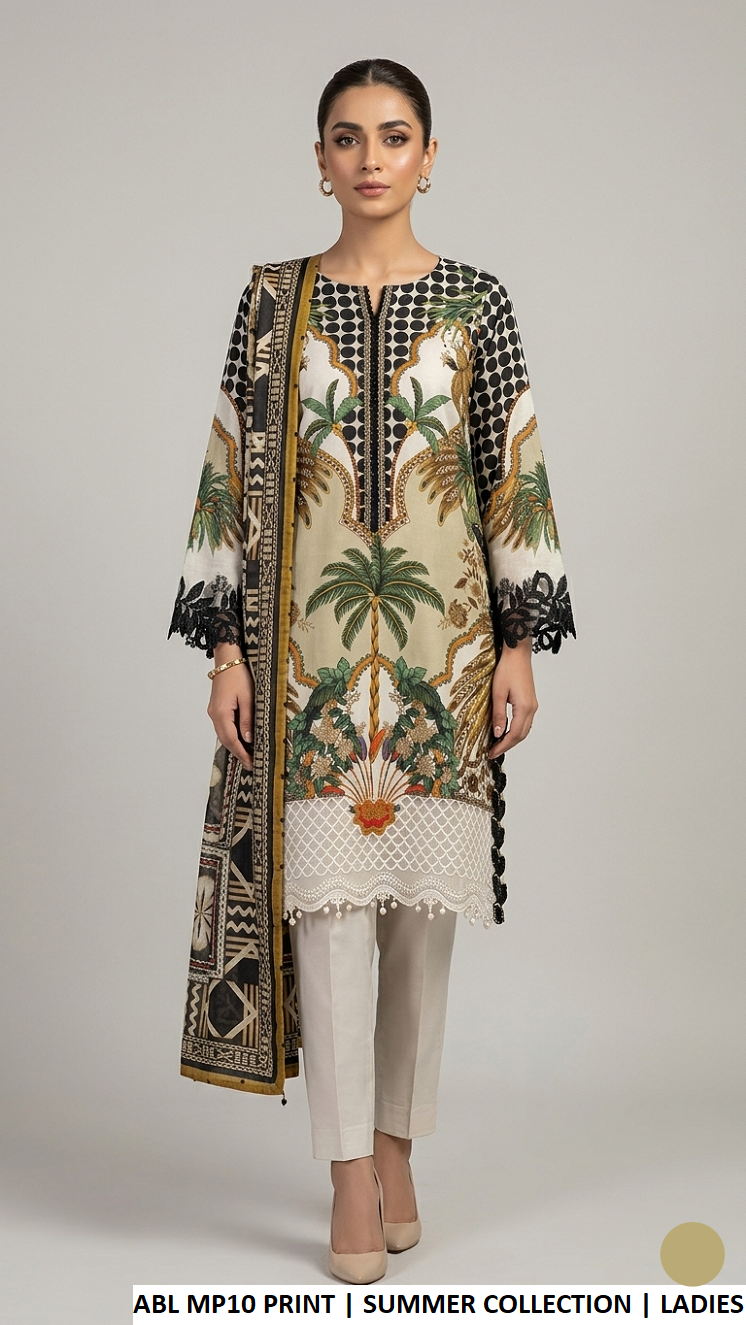Poly lawn A-Line printed shirt - Pakistani women's summer casual outfit with digital print silk dupatta front view