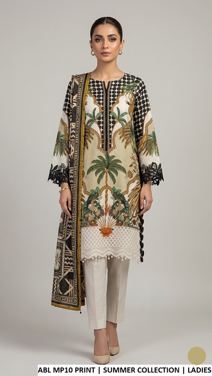 Poly lawn A-Line printed shirt - Pakistani women's summer casual outfit with digital print silk dupatta front view