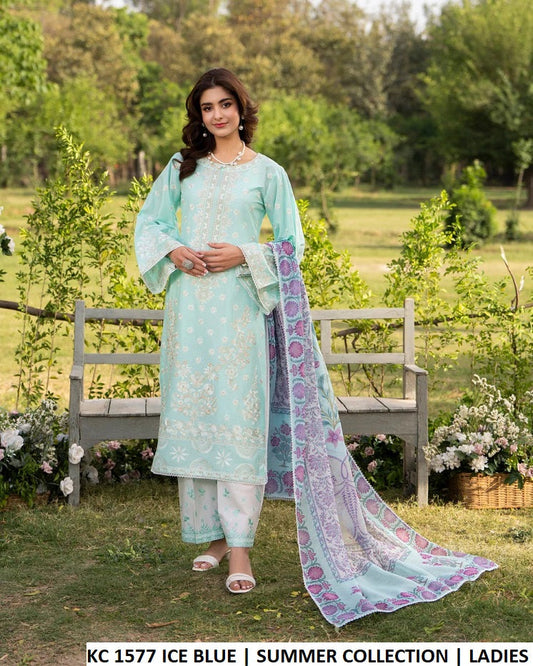 KC Sunehri 1577 Ice Blue - Ice Blue Cotton Embroidered 3-Piece Women's Pakistani Suit