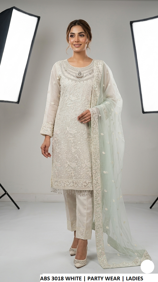 Chiffon straight shirt plazo white - Pakistani women's elegant outfit with grip plazo and organza dupatta front view