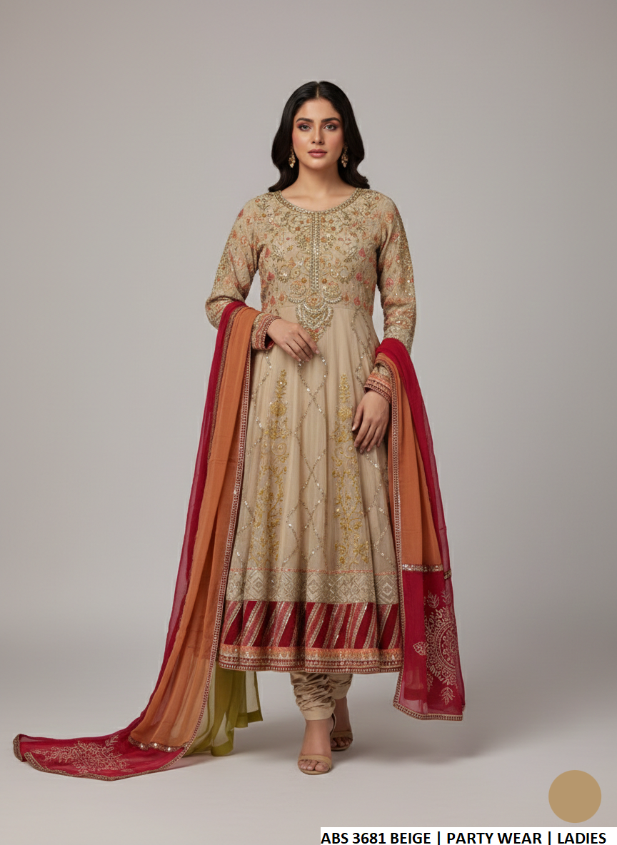 Pakistani women's beige chiffon long frock back view