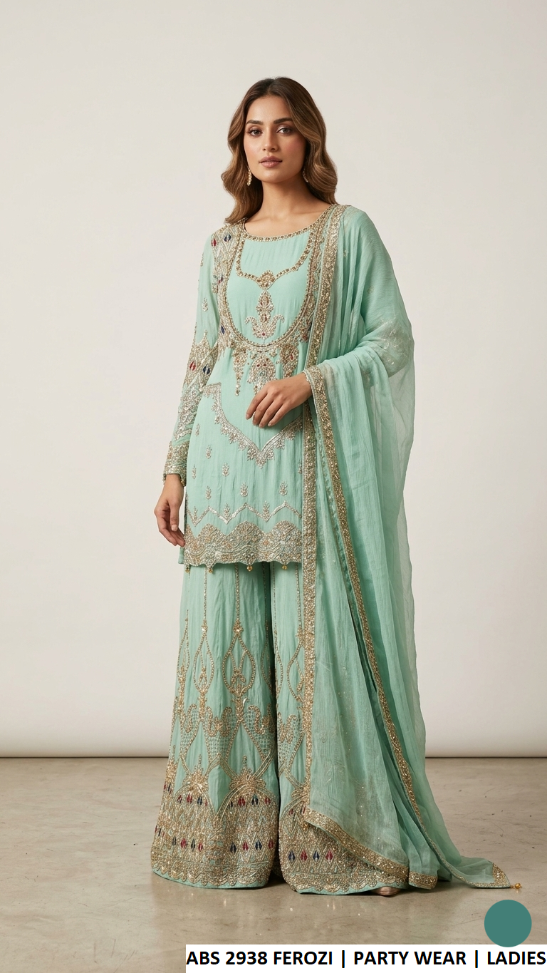 Chiffon straight shirt plazo ferozi - Pakistani women's party wear with matching chiffon plazo and dupatta front view