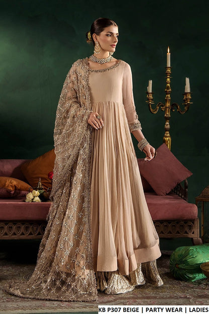 Crinkle chiffon long frock beige - Pakistani women's luxury formal wear with silk trouser and net dupatta front view