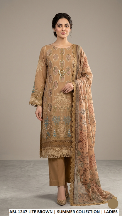 ABL 1247 LITE BROWN - Light Brown Cotton A-Line Shirt Plazo Set with Digital Silk Dupatta | Women's 3-Piece Suit