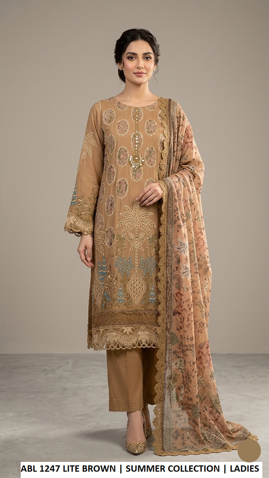 ABL 1247 LITE BROWN - Light Brown Cotton A-Line Shirt Plazo Set with Digital Silk Dupatta | Women's 3-Piece Suit