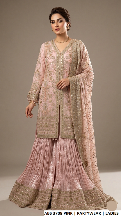 ABS 3708 PINK - Pink Chiffon Open Shirt with Plazo 3-Piece Pakistani Suit