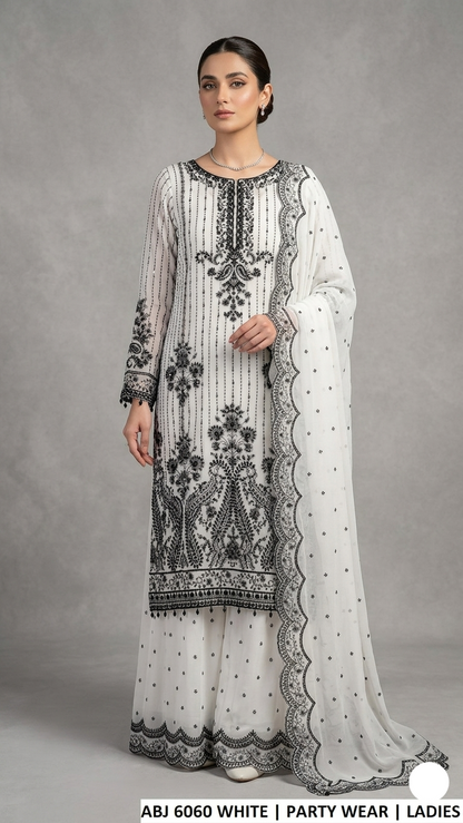 Soft chiffon straight shirt plazo white - Pakistani women's elegant formal wear with chiffon trouser and dupatta front view