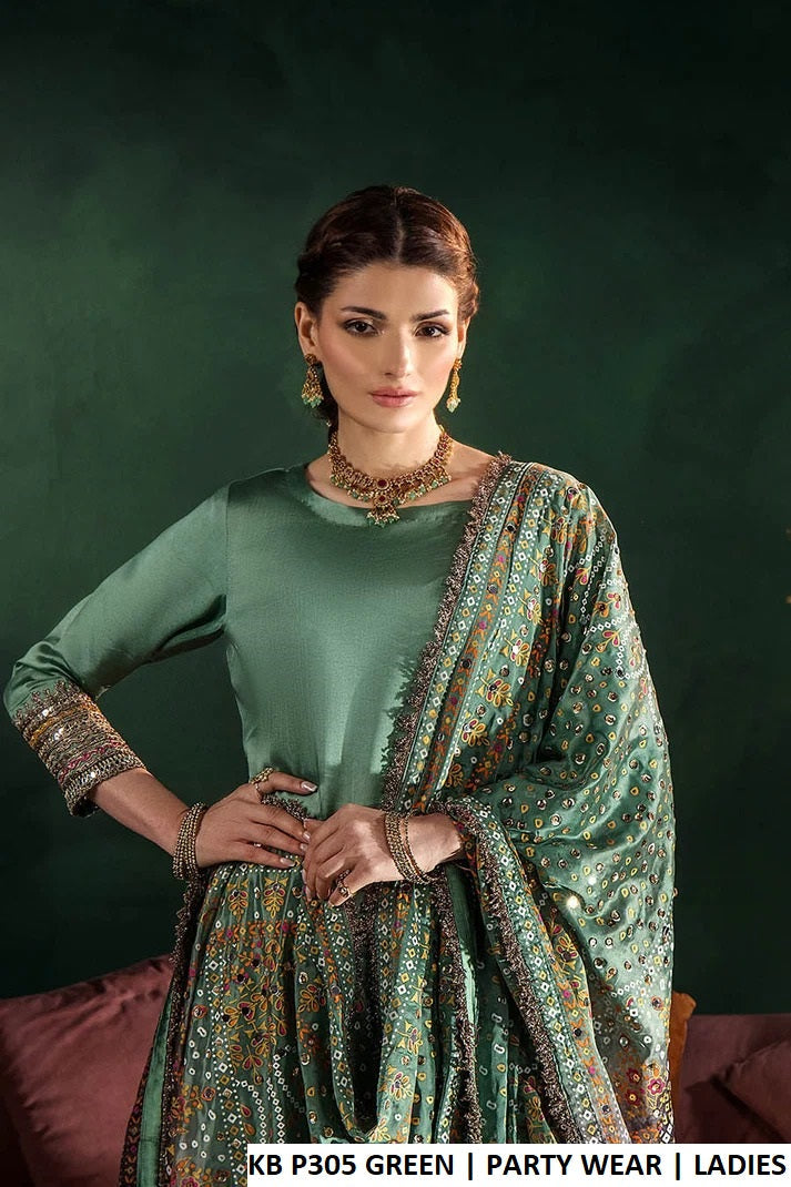 Pakistani women's tealish green silk straight shirt with farshi shalwar back view