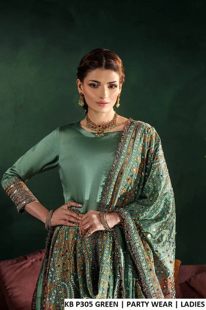 Pakistani women's tealish green silk straight shirt with farshi shalwar back view
