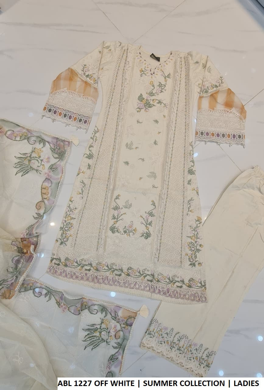 Pakistani women's off white cotton A-Line shirt plazo outfit back view
