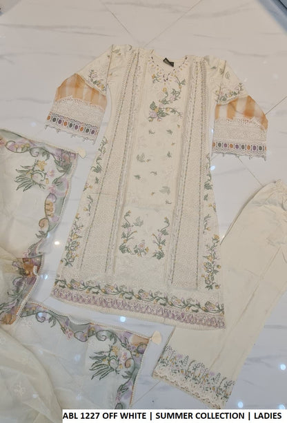 Pakistani women's off white cotton A-Line shirt plazo outfit back view