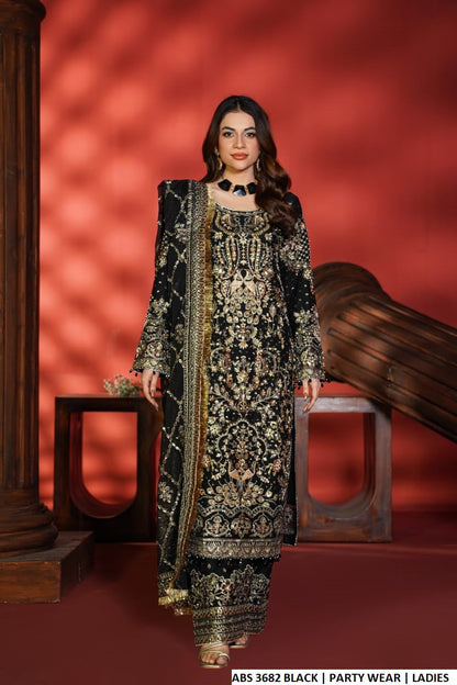 Chiffon straight shirt shalwar black - Pakistani women's elegant formal wear with viscose shalwar and chiffon dupatta front view